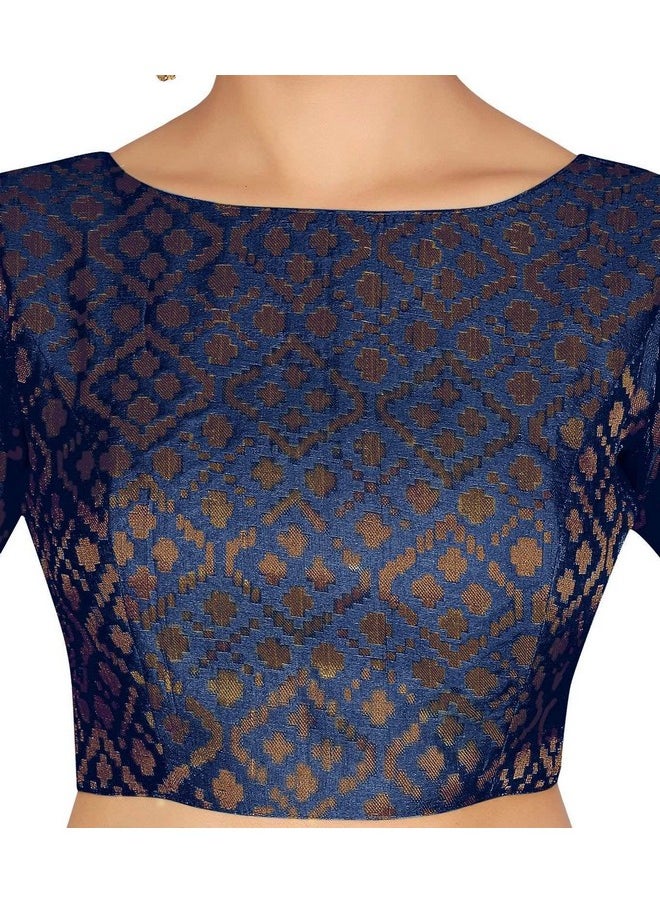 Studio Shringaar Women's Readymade Brocade Elbow Length Sleeves Saree Blouse (Navy Blue, 36)