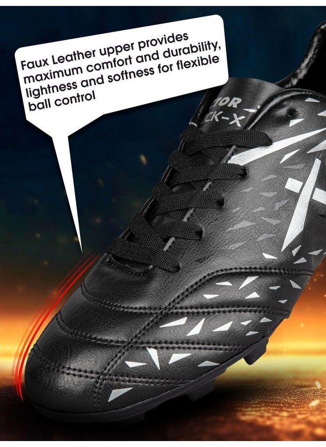 Vector X Kick-X Football Studs for Men/Sports and Athletic Footwear with TPU Sole, Synthetic Leather Upper/Textured Pattern/Comfortable Football Soccer Shoes (Black-Silver, Size-10)