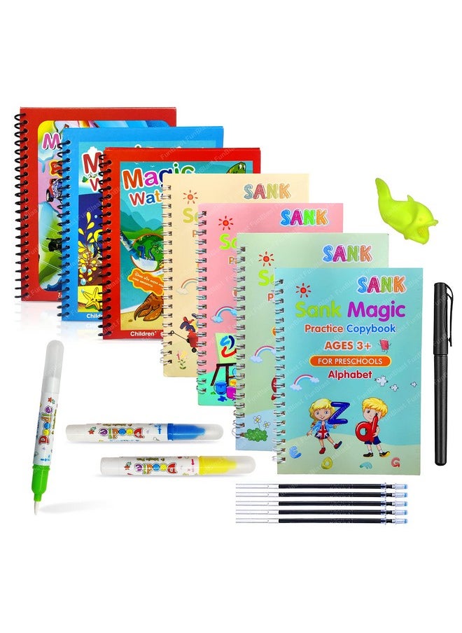 FunBlast Magic Water Painting Book with Sank Magic Practice Copybook Combo Kit for Kids - 16 Pcs Reusable Water Painting and Hand Lettering Set for Kids, Water Coloring Drawing Sheets for Kids
