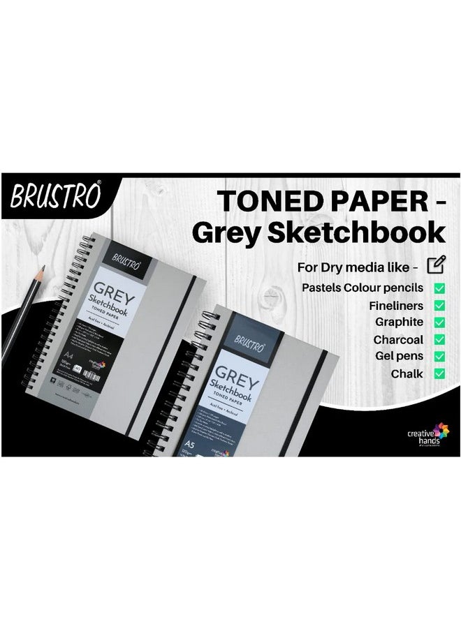 BRUSTRO Toned Paper - Grey Sketchbook | A4, 120 GSM | 60 Sheets/120 Pages | Wiro Bound, Spiral, Premium, Acid-free Paper, Ideal for Dry media, Mandala Art, Graphite, Charcoal, Colour pencils, Gel pens