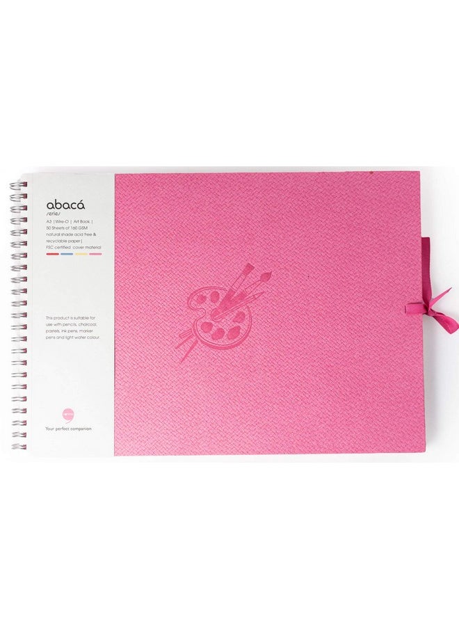 COMMA Abaca - Wire-O Bound Sketchbook with Ribbon Closure - A3 Size (Large) - 50 Sheets - 160gsm Anti-Ageing, Acid Free, Archival Fine Grain Paper - Micro-Perforations for Easy Tear Off - (Pink)