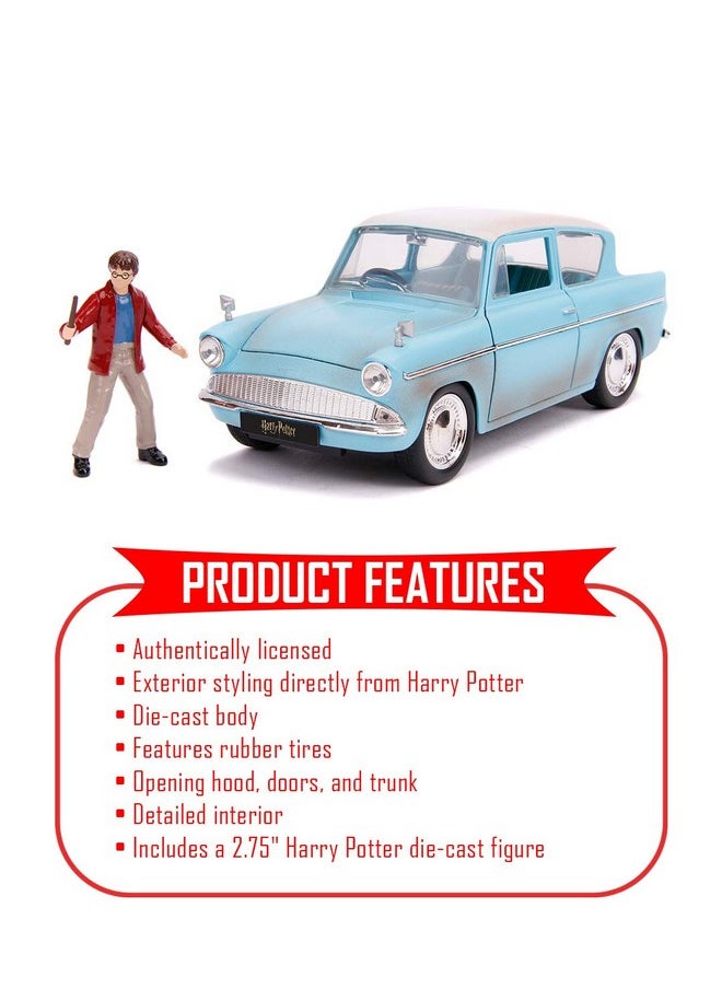 jada toys hollywood rides diecast 1:24 harry potter 1967 ford anglia car with harry potter action figure for kids age 8 years and above- Multi color