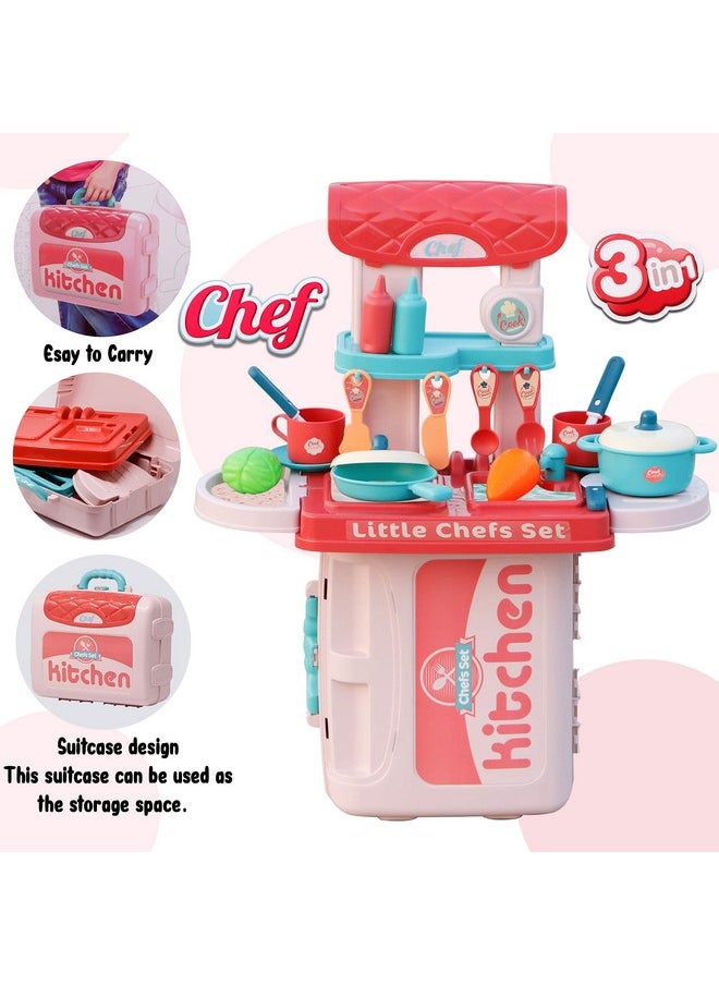 Zest 4 Toyz Plastic Kitchen Set for Kids Girl Pretend to Play 3 in 1 Little Chef's Portable Suitcase Design 19 Pieces