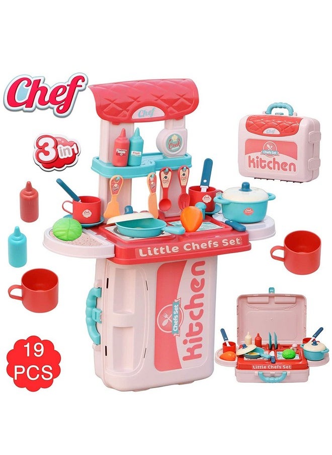 Zest 4 Toyz Plastic Kitchen Set for Kids Girl Pretend to Play 3 in 1 Little Chef's Portable Suitcase Design 19 Pieces