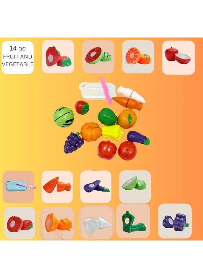 PLUSPOINT The Big Basket Fruit Cutting Toy with Storage Basket Realistic Sliceable Fruits and Vegetable Pretend play kids Set includes( CAKE+PIZZA+FAST FOOD+FRUIT + VEGETABLE+ KITCHEN (The Big Basket)