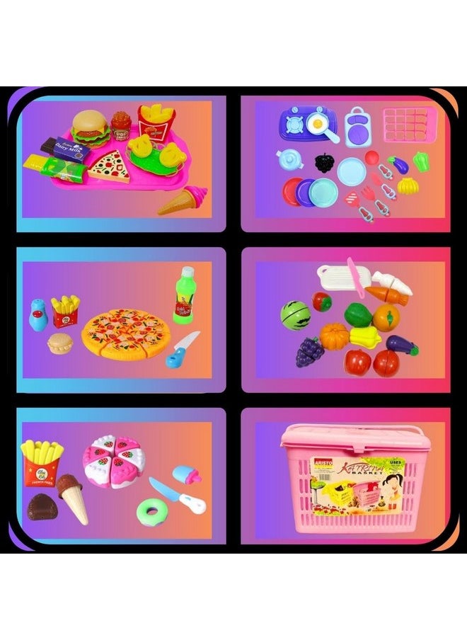 PLUSPOINT The Big Basket Fruit Cutting Toy with Storage Basket Realistic Sliceable Fruits and Vegetable Pretend play kids Set includes( CAKE+PIZZA+FAST FOOD+FRUIT + VEGETABLE+ KITCHEN (The Big Basket)
