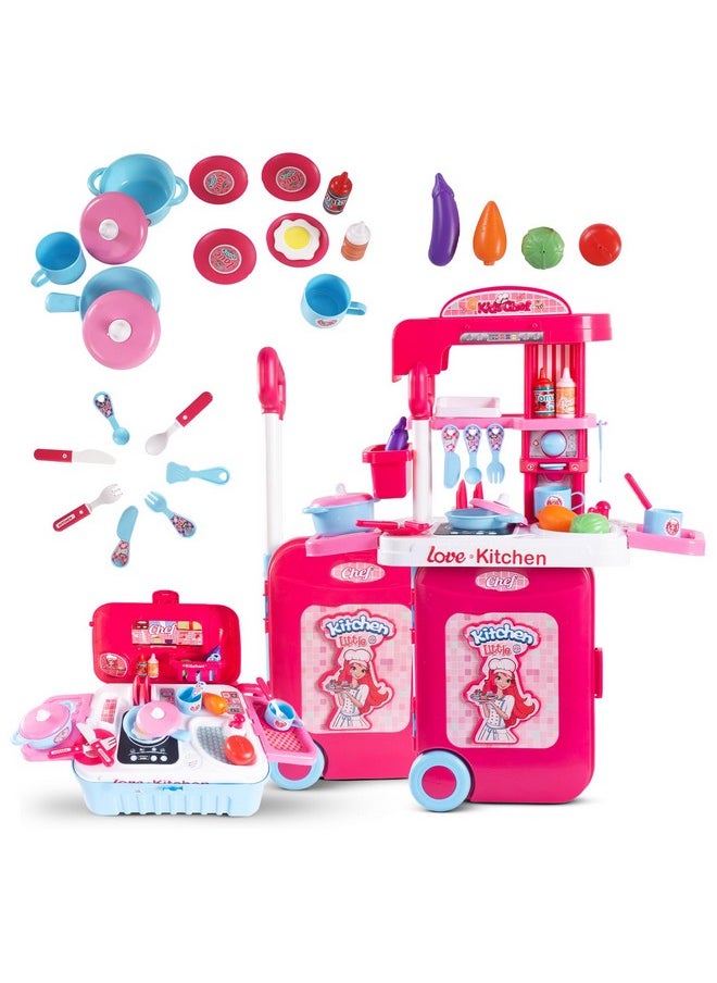 Baybee 2 in 1 Pretend Play Kitchen Set for Kids Girls, Portable Pretend Play Little Chef Set Toys for Kids, Role Play Cooking Kitchen Set Kids Toys for 3,4,5,6 Years Girls