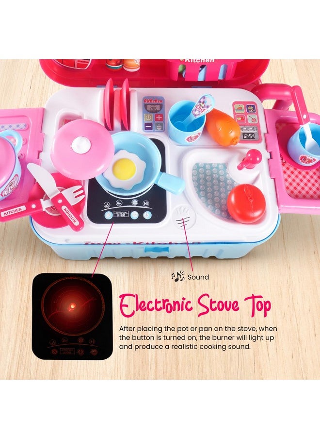 Baybee 2 in 1 Pretend Play Kitchen Set for Kids Girls, Portable Pretend Play Little Chef Set Toys for Kids, Role Play Cooking Kitchen Set Kids Toys for 3,4,5,6 Years Girls