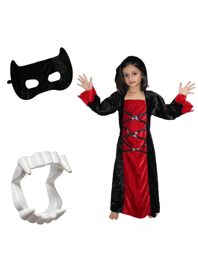 Kaku Fancy Dresses Polyester Scary Halloween Cosplay Red Black Witch Costume Gown With Teeth & Mask Set For Kids