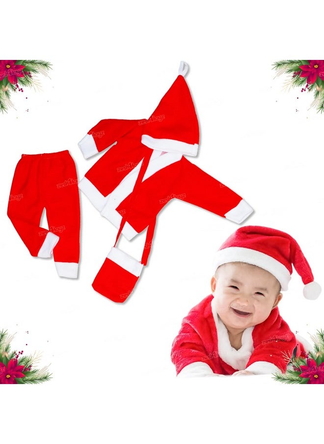 Zest 4 Toyz Synthetic Woven Santa Claus Dress For Kids Christmas Costume Dress With Jacket Pant Cap And Pouch Santa Dress For Boys And Girls - Age 6 To 12 Months Old Toddlers, Red