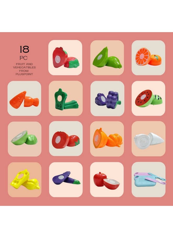 PLUSPOINT Food Cutting Toys 18 Pcs with Storage Bag Play Cutting Food Kitchen Toy Cutting Fruits Vegetables Pretend Food Playset Early Development Learning Toy Gifts for Toddlers Kids Boys Girls