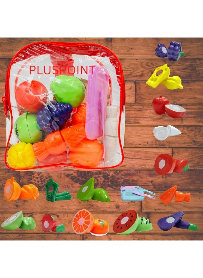 PLUSPOINT Food Cutting Toys 18 Pcs with Storage Bag Play Cutting Food Kitchen Toy Cutting Fruits Vegetables Pretend Food Playset Early Development Learning Toy Gifts for Toddlers Kids Boys Girls