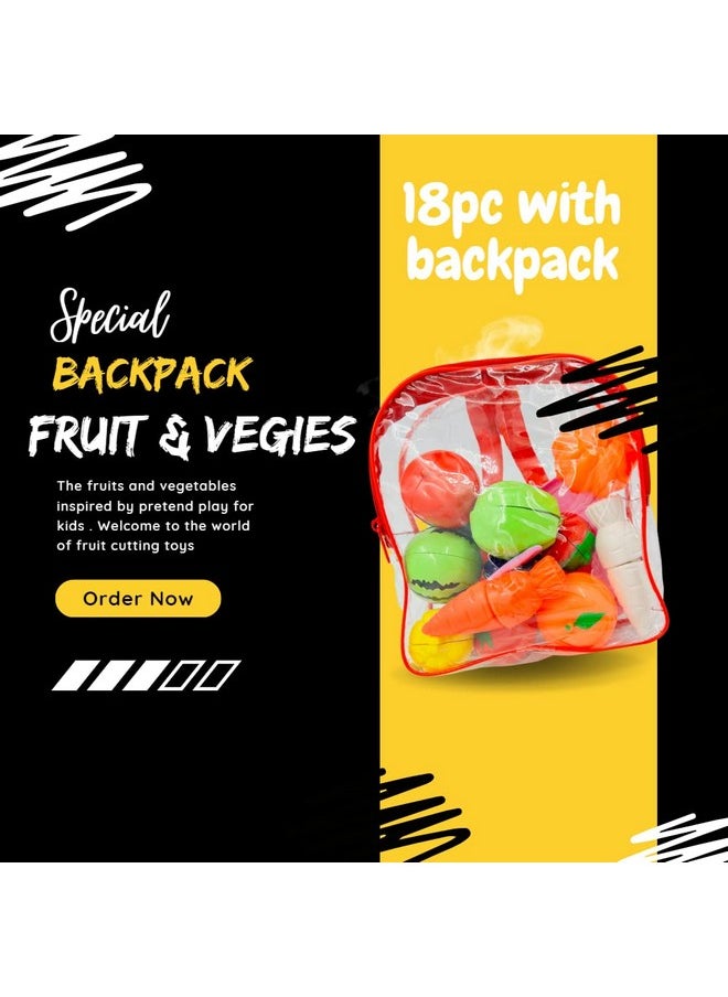 PLUSPOINT Food Cutting Toys 18 Pcs with Storage Bag Play Cutting Food Kitchen Toy Cutting Fruits Vegetables Pretend Food Playset Early Development Learning Toy Gifts for Toddlers Kids Boys Girls