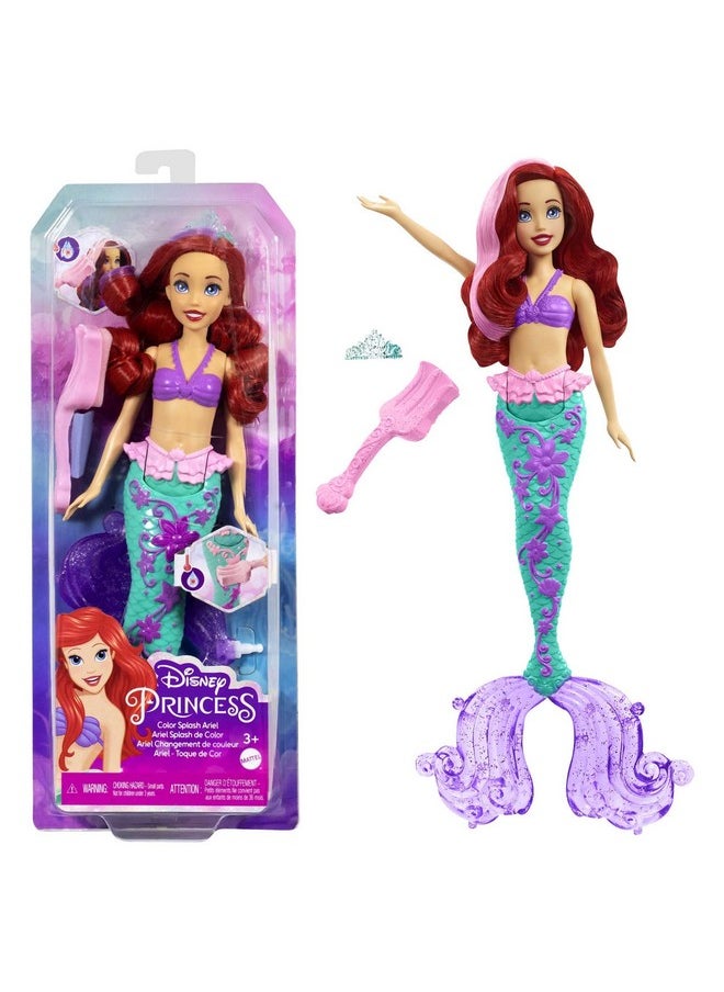 Disney Mattel Princess Toys, Ariel Mermaid Doll with Color-Change Hair and Tail, Color Splash Water Toy Inspired by The Movie