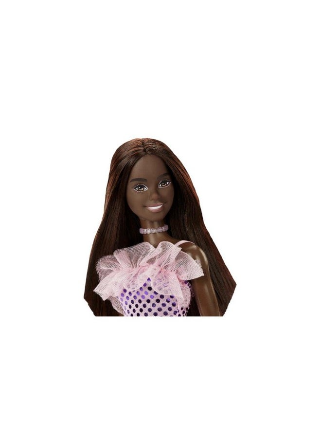 Barbie® Doll, Kids Toys, Dark Brown Hair, Pink Metallic Dress, Trendy Clothes and Accessories, Gifts for Kids
