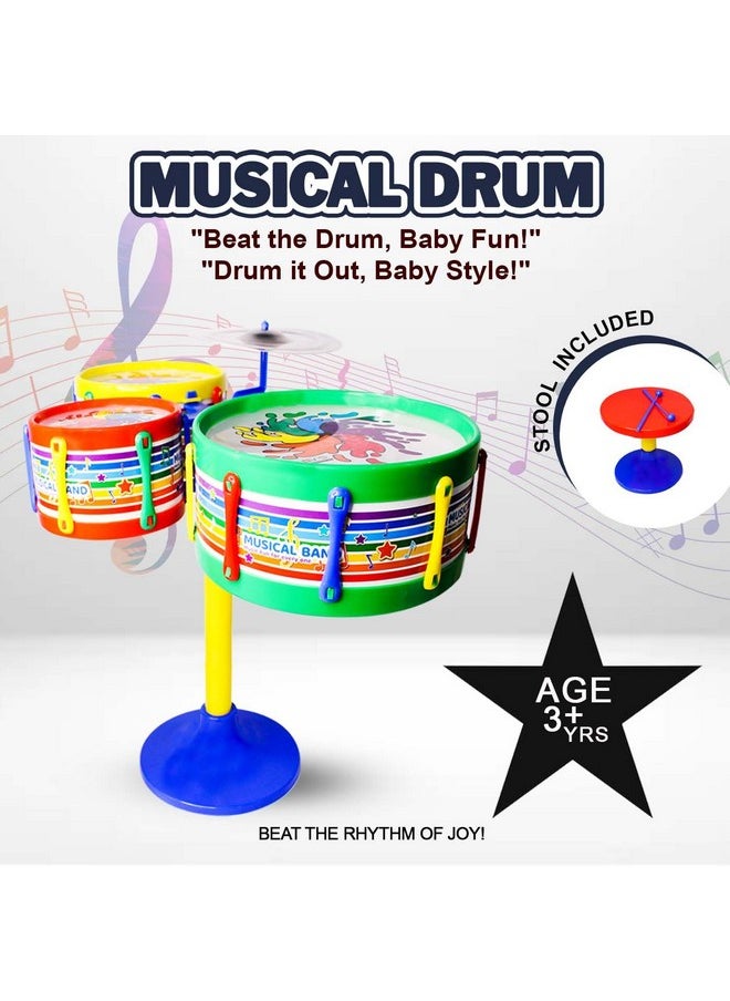 RAAYA Musical Drum Sets for Kids (3- 6 Years Old) Drum Toy Instrument with 3 Drums, and 2 Drumsticks and 1 Band Stand Music Toy for Kids (Multicolor) Great Gift for Christmas Party/ Birthday Party