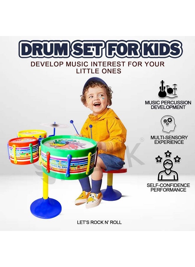 Kabello Jazz Drum Set Musical Band for Kids Age 3 4 5 6 | 3 Drums, 1 Dish, 1 Stool & Sticks Drum Toys Birthday Gifts for Boys and Girls
