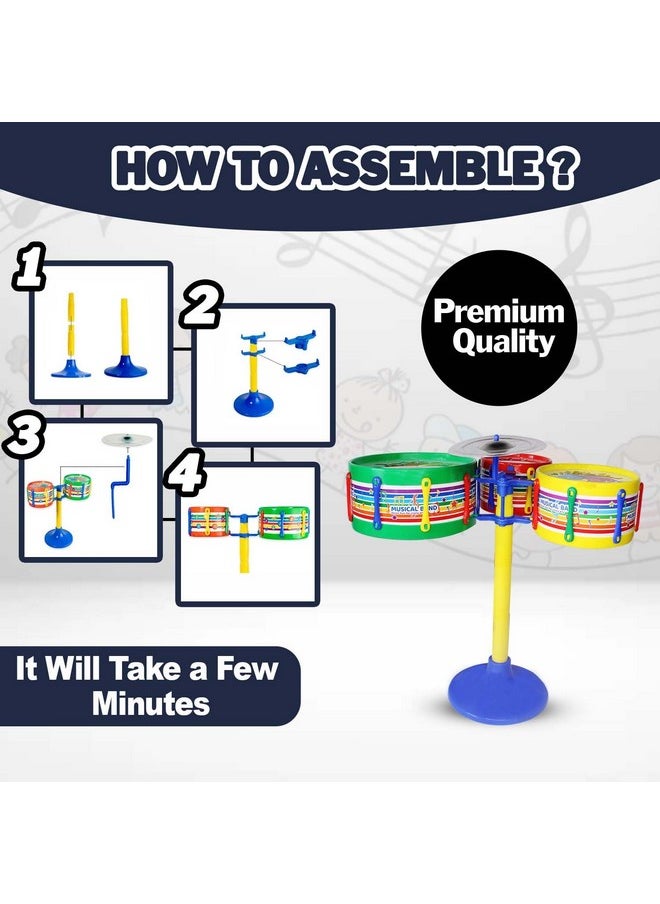 Kabello Jazz Drum Set Musical Band for Kids Age 3 4 5 6 | 3 Drums, 1 Dish, 1 Stool & Sticks Drum Toys Birthday Gifts for Boys and Girls