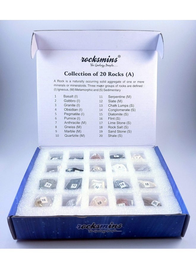 rocksmins Ro20Pt Rocks Collection Set Of 20 For Students Of School Education Igneous Sedimentary Metamorphic Samples Collections Introductory Activity Geology Earth Science Volcanic Stones
