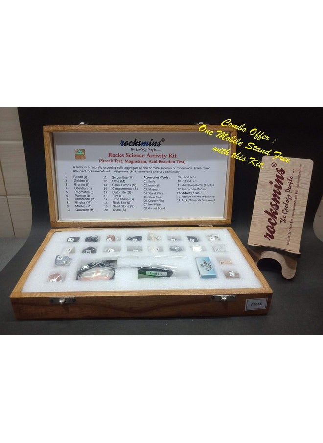 Rocksmins Rocks Science Activity Kit in Wooden Box Set of 20 Rocks Kit with Tools, Instruction Manual and Crossword Minerals Kits with Free Mobile Stand Rock Mineral collection (RO20ACWBMS)