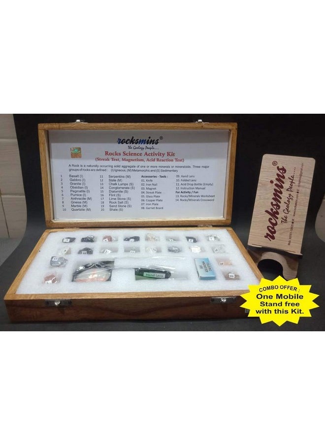 Rocksmins Rocks Science Activity Kit in Wooden Box Set of 20 Rocks Kit with Tools, Instruction Manual and Crossword Minerals Kits with Free Mobile Stand Rock Mineral collection (RO20ACWBMS)