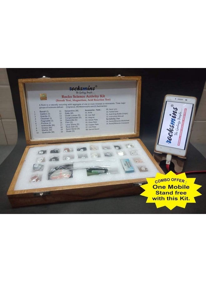 Rocksmins Rocks Science Activity Kit in Wooden Box Set of 20 Rocks Kit with Tools, Instruction Manual and Crossword Minerals Kits with Free Mobile Stand Rock Mineral collection (RO20ACWBMS)