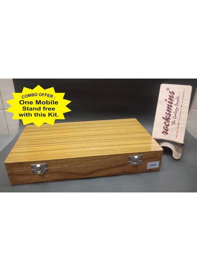 Rocksmins Rocks Science Activity Kit in Wooden Box Set of 20 Rocks Kit with Tools, Instruction Manual and Crossword Minerals Kits with Free Mobile Stand Rock Mineral collection (RO20ACWBMS)