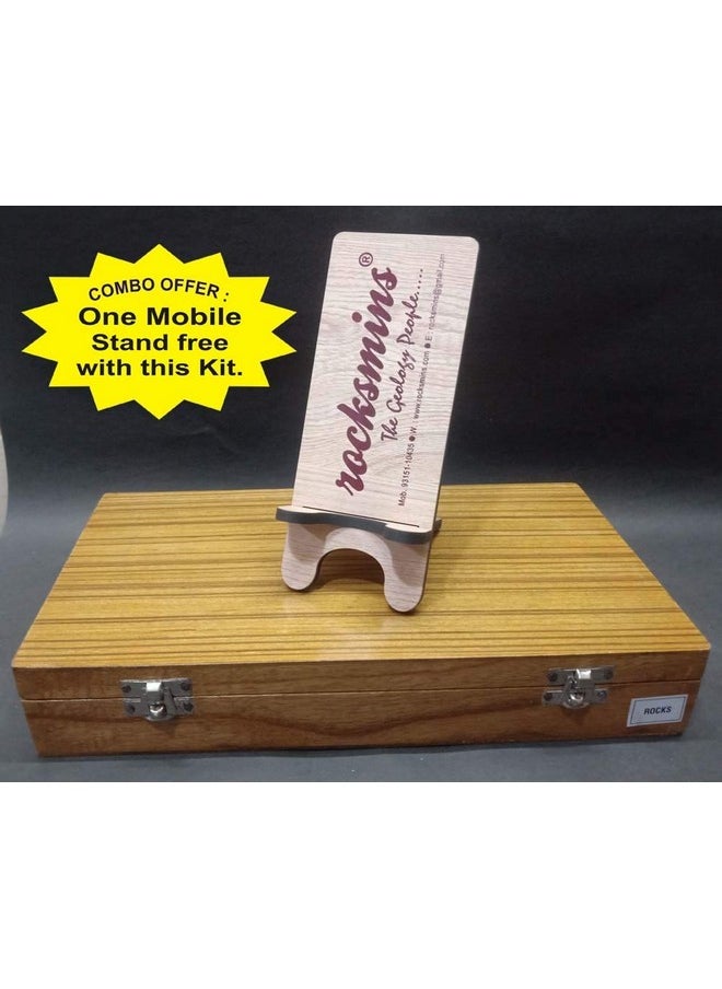 Rocksmins Rocks Science Activity Kit in Wooden Box Set of 20 Rocks Kit with Tools, Instruction Manual and Crossword Minerals Kits with Free Mobile Stand Rock Mineral collection (RO20ACWBMS)