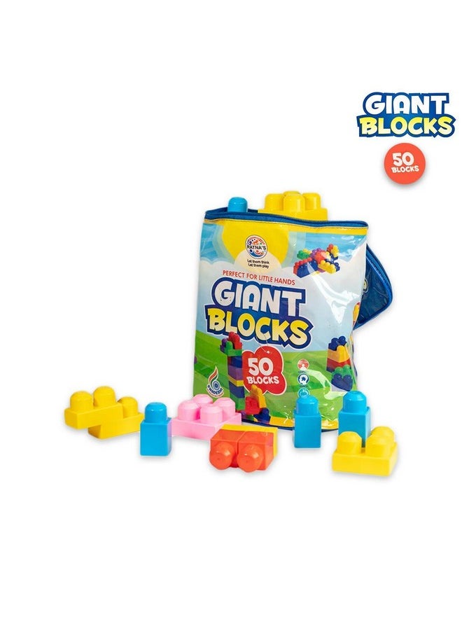 RATNA'S Giant Blocks Big Building Bag with Big Building Blocks, Building Toys for Toddlers (50 Pieces) - Blue Bag
