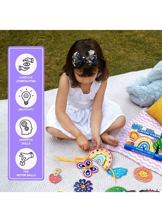 WONDRBOX Lacing Activity for Kids | Includes 8 Big Cardboard Cutouts and 2 Laces | Montessori Educational Toys Gifts for Kids Age 2 3 4 -Multi Color (Nature Lacing)