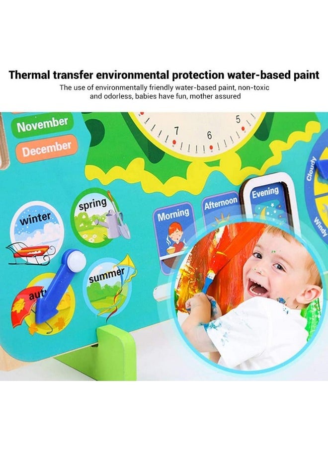 Toyshine Time and Seasons Game Educational Wooden Clock Toy Calendar Board for 3 Year Olds and Up, Frog Green