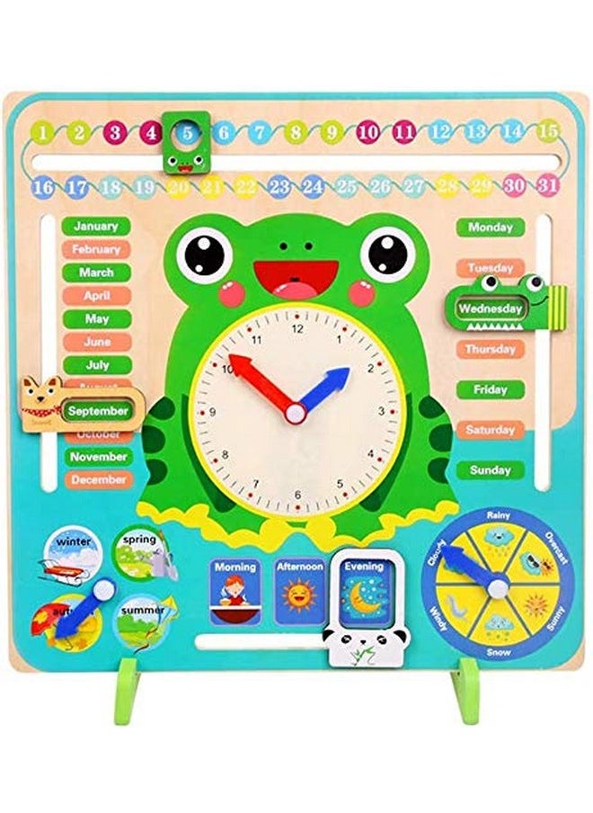 Toyshine Time and Seasons Game Educational Wooden Clock Toy Calendar Board for 3 Year Olds and Up, Frog Green