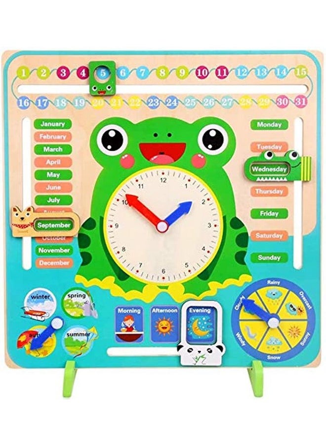 Toyshine Time and Seasons Game Educational Wooden Clock Toy Calendar Board for 3 Year Olds and Up, Frog Green