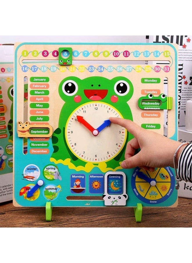 Toyshine Time and Seasons Game Educational Wooden Clock Toy Calendar Board for 3 Year Olds and Up, Frog Green