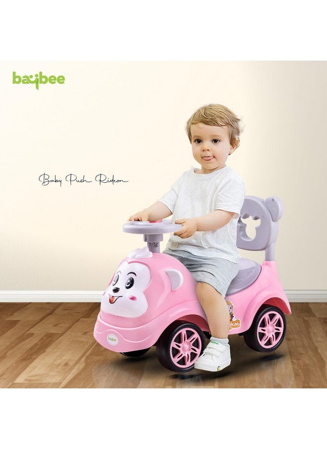 Baybee Baby Ride on Car for Kids, Baby Car with Music, Horn & Storage | Push Toy Kids Car for Baby with High Backrest | Push Ride on for Kids for 1 to 3 Years Boy Girl (Monkey, Light Pink)