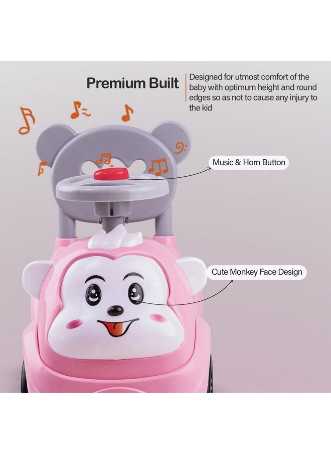 Baybee Baby Ride on Car for Kids, Baby Car with Music, Horn & Storage | Push Toy Kids Car for Baby with High Backrest | Push Ride on for Kids for 1 to 3 Years Boy Girl (Monkey, Light Pink)