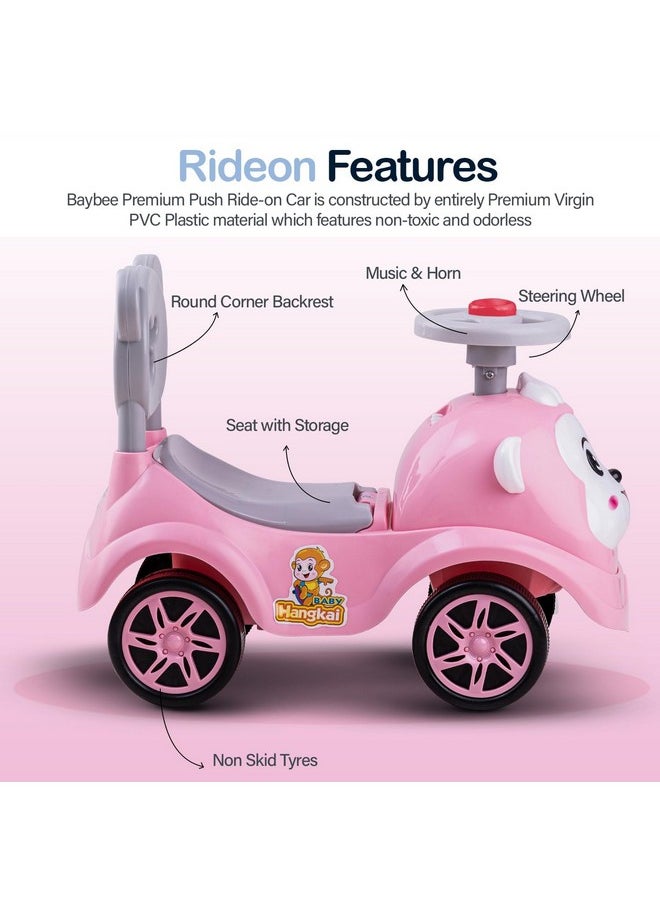 Baybee Baby Ride on Car for Kids, Baby Car with Music, Horn & Storage | Push Toy Kids Car for Baby with High Backrest | Push Ride on for Kids for 1 to 3 Years Boy Girl (Monkey, Light Pink)