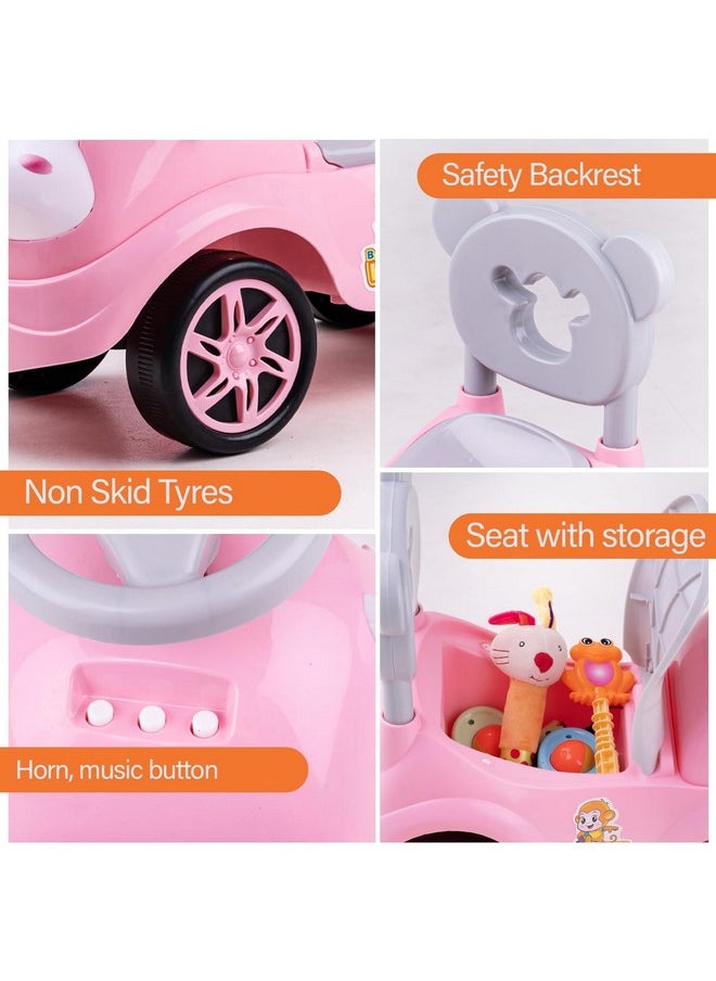 Baybee Baby Ride on Car for Kids, Baby Car with Music, Horn & Storage | Push Toy Kids Car for Baby with High Backrest | Push Ride on for Kids for 1 to 3 Years Boy Girl (Monkey, Light Pink)