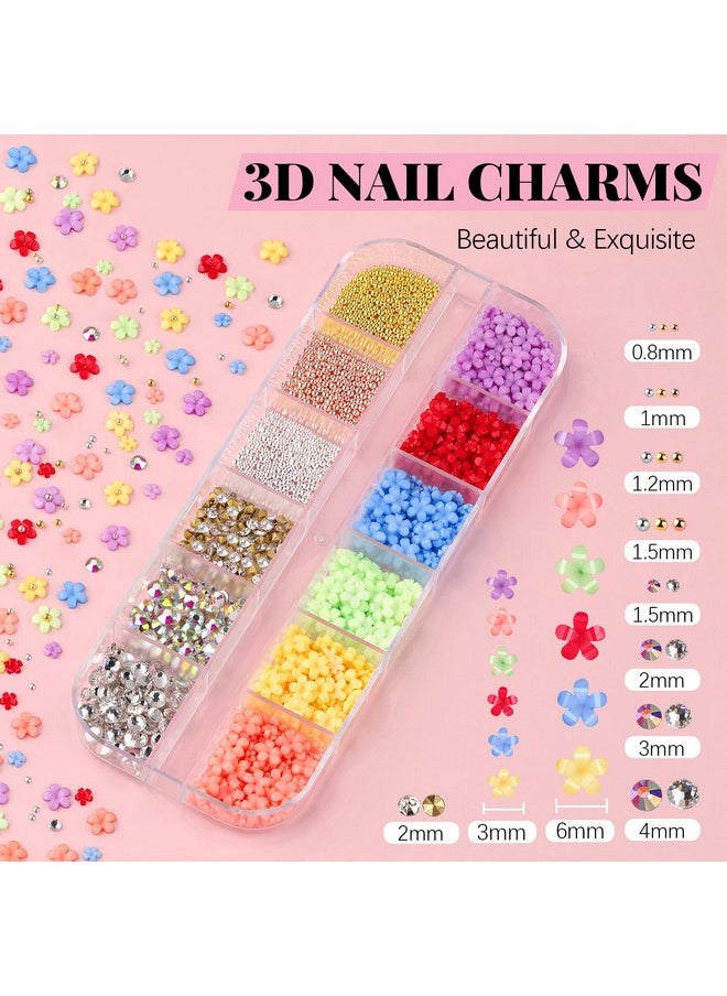 3D Flowers Manicure Gems with Nail Rhinestone Glue Gel, Colorful Acrylic Flower Nail Charms with Caviar Beads, Rhinestones for Nails and Gem Glue for Nails (UV/LED Needed) with Pickup & Dotting Tools