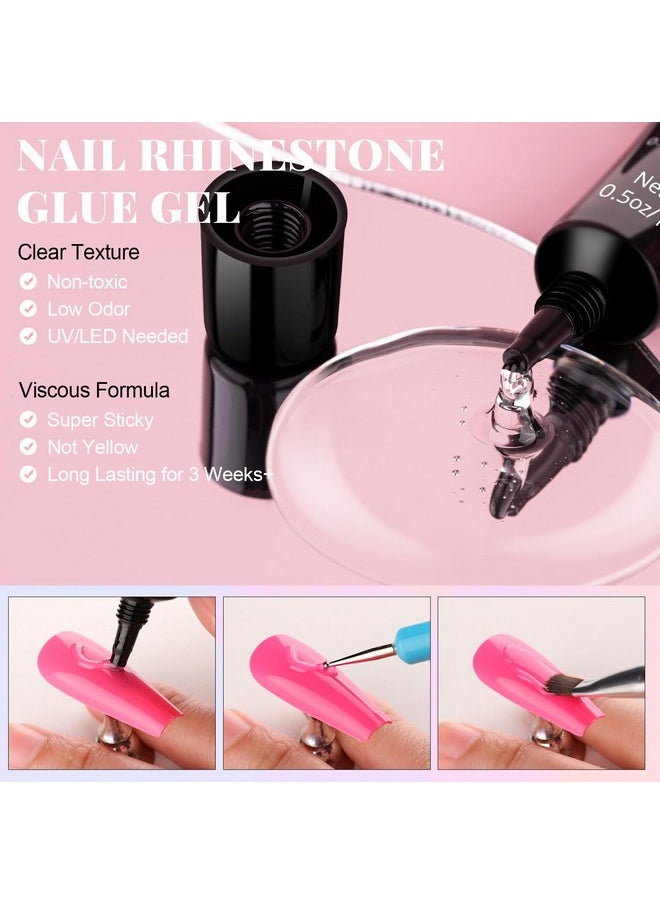 3D Flowers Manicure Gems with Nail Rhinestone Glue Gel, Colorful Acrylic Flower Nail Charms with Caviar Beads, Rhinestones for Nails and Gem Glue for Nails (UV/LED Needed) with Pickup & Dotting Tools