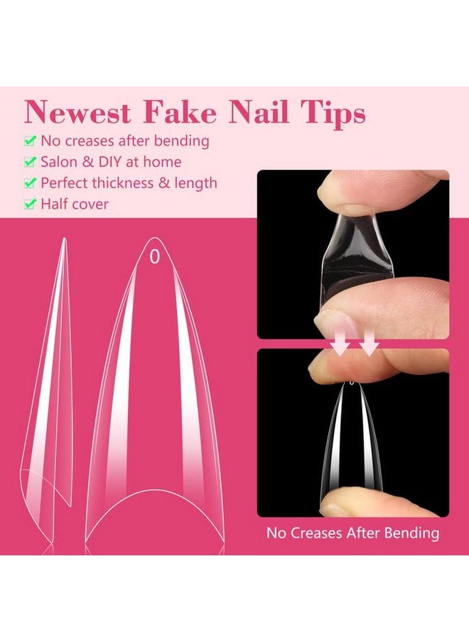 Quaferen Clear Stiletto Nail Tips, 500PCS Half Cover Soft Gel Nail Tips Medium Stiletto False Nails Almond Shape Curved Nail Tips for Acrylic Nails Salon Home DIY with Box 10Sizes
