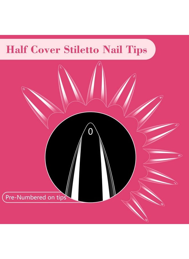 Quaferen Clear Stiletto Nail Tips, 500PCS Half Cover Soft Gel Nail Tips Medium Stiletto False Nails Almond Shape Curved Nail Tips for Acrylic Nails Salon Home DIY with Box 10Sizes