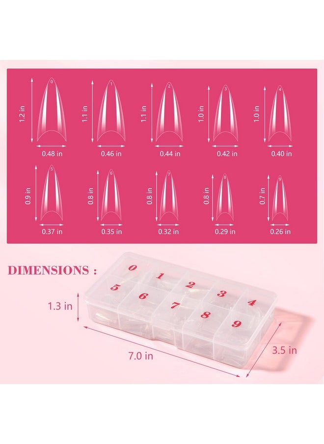 Quaferen Clear Stiletto Nail Tips, 500PCS Half Cover Soft Gel Nail Tips Medium Stiletto False Nails Almond Shape Curved Nail Tips for Acrylic Nails Salon Home DIY with Box 10Sizes