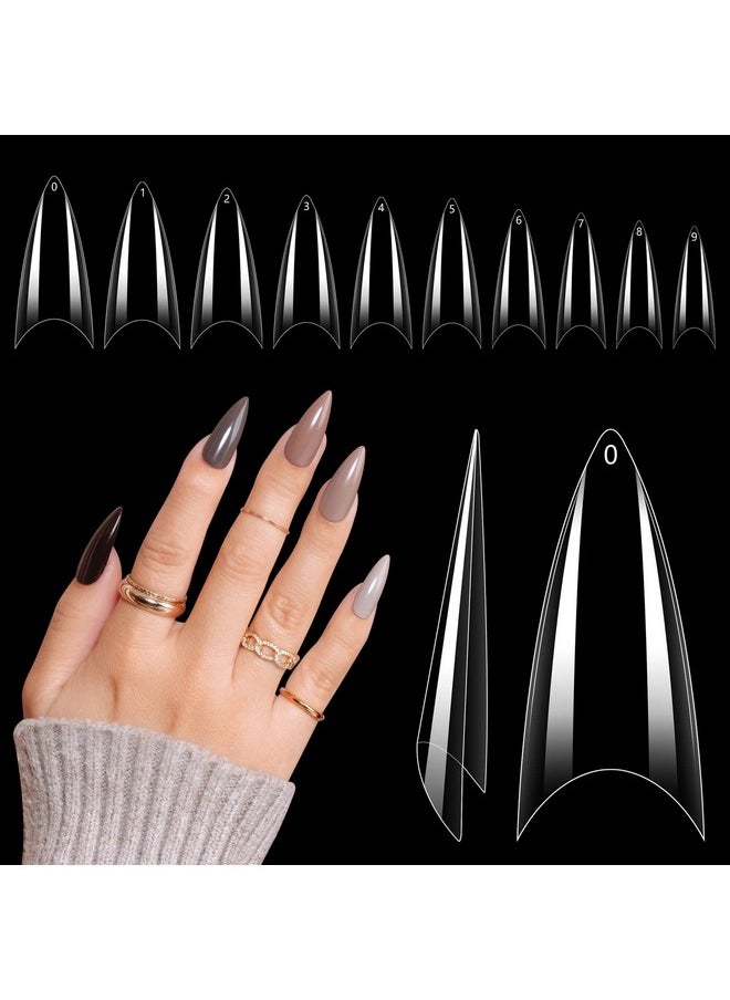 Quaferen Clear Stiletto Nail Tips, 500PCS Half Cover Soft Gel Nail Tips Medium Stiletto False Nails Almond Shape Curved Nail Tips for Acrylic Nails Salon Home DIY with Box 10Sizes