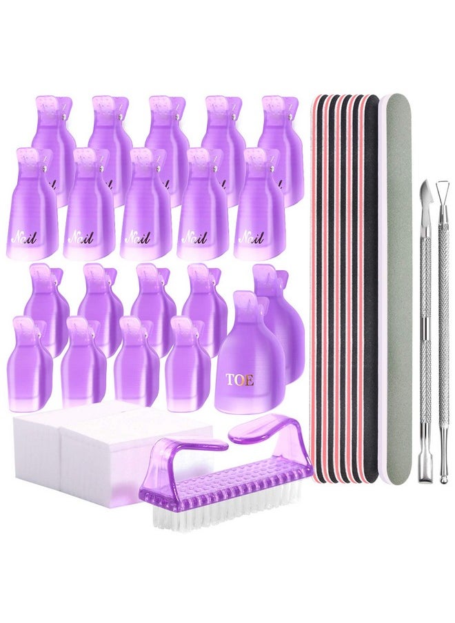 Teenitor Gel Nail Polish Remover Tools Kit, Nail Clips For Polish Removal, Nail Remover Pads Cuticle Peeler Nail File Buffer Nail Brushes, Nail Soak Off Clips For Hands and Toes Purple
