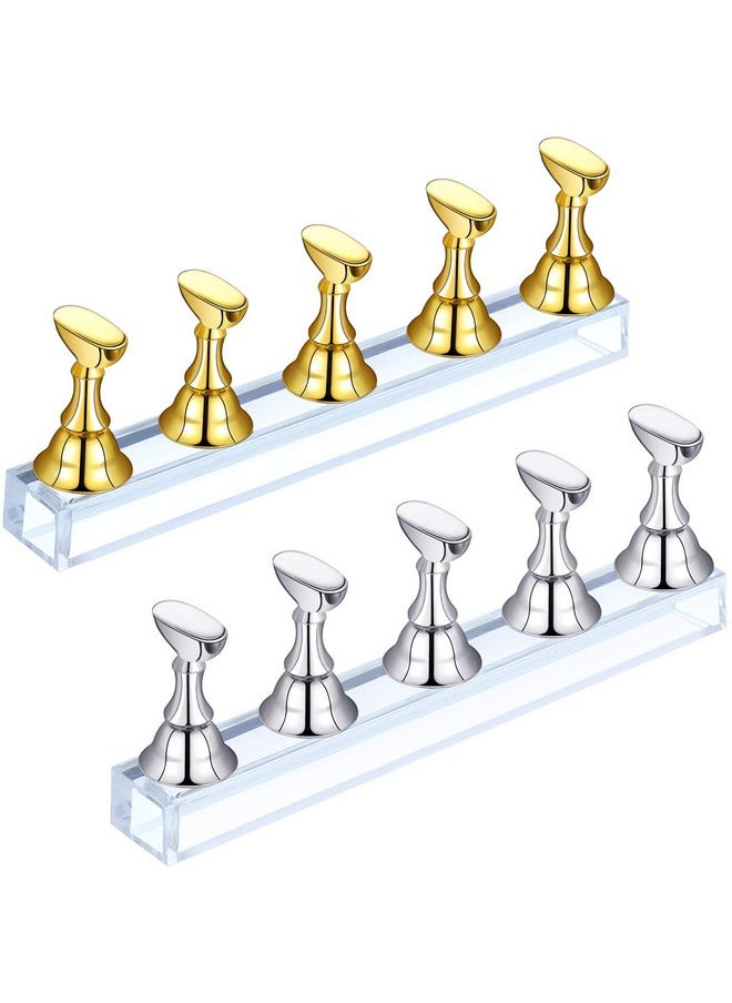 2 Sets Acrylic Nail Display Stand Nail Tip Practice Stand Magnetic Nail Practice Holder Fingernail DIY Nail Art Stand for False Nail Tip Manicure Tool (Gold and Silver)