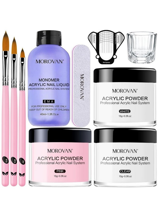 Morovan Acrylic Nail Kit: Clear Pink White Acrylic Powder and Professional Liquid set for Acrylic Nails Extension for Beginner DIY at Home with Acrylic Nail Brush