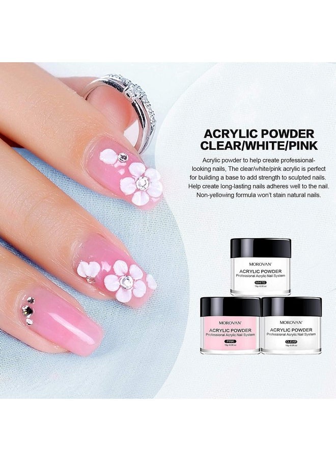 Morovan Acrylic Nail Kit: Clear Pink White Acrylic Powder and Professional Liquid set for Acrylic Nails Extension for Beginner DIY at Home with Acrylic Nail Brush