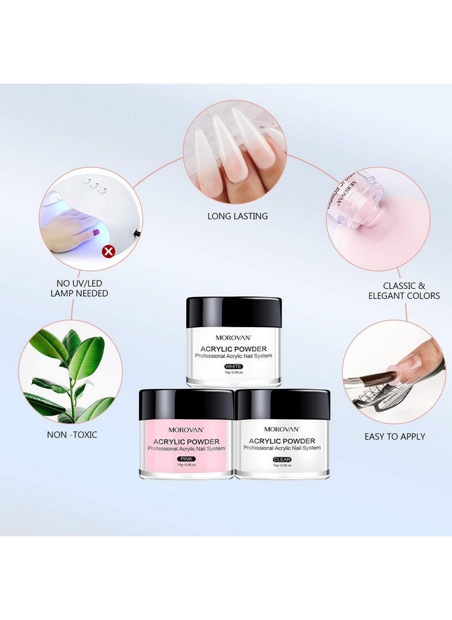 Morovan Acrylic Nail Kit: Clear Pink White Acrylic Powder and Professional Liquid set for Acrylic Nails Extension for Beginner DIY at Home with Acrylic Nail Brush