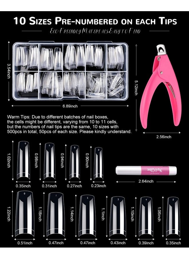 Clear Acrylic Nail Tips, MORGLES 500PCS French Clear Fake Half Cover Clear Nail Tips with Glue Nail File Nail Clipper Cuticle Fork for Nail Art